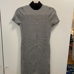 Michael Kors Black and White Striped Mock Neck Dress